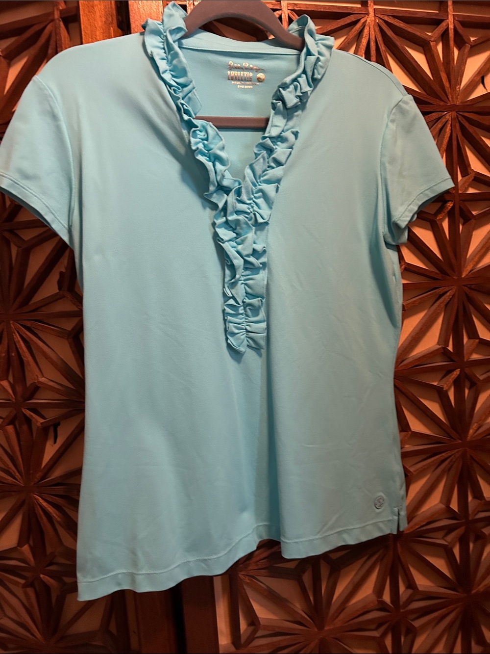 Lilly Pulitzer luxletic Light blue turquoise Ruffle V-Neck Short Sleeve Top Smal
